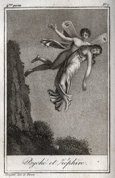 Psyché emportée par Zéphyr. Gravure de 1819 dans « Lettres à Émilie sur la mythologie » de Charles Albert Demoustier (1760-1801). Collection privée. - Anonymous Anonymous
