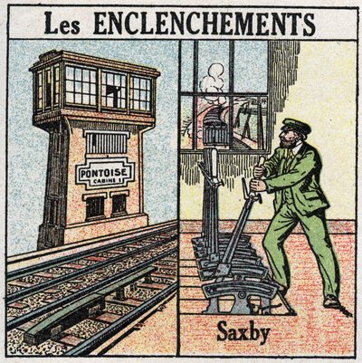 Chemins de fer : enclenchement. Une gare ferroviaire utilisant des leviers individuels Saxby. Illustration anonyme de 1925. Collection privée. - Anonymous Anonymous