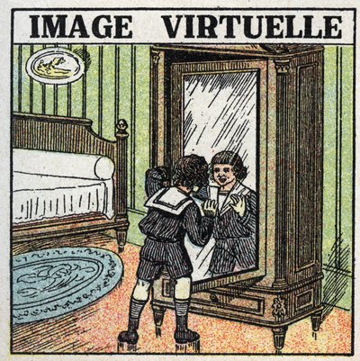 Réflexion de la lumière : image virtuelle. Un enfant contemplant son reflet dans un miroir. Illustration anonyme de 1925. Collection privée. - Anonymous Anonymous