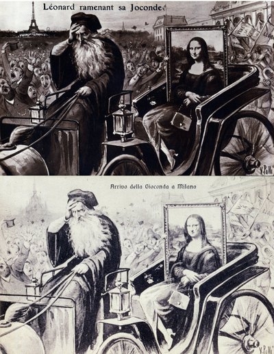 Représentation de Léonard de Vinci ramenant son œuvre « La Joconde » après le vol par Vincenzo Peruggia le 21/08/1911. Carte postale comique - Anonymous Anonymous