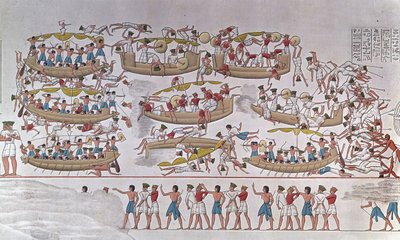 Représentation de la bataille du delta du Nil entre les armées de Ramsès III et les peuples de la mer (d