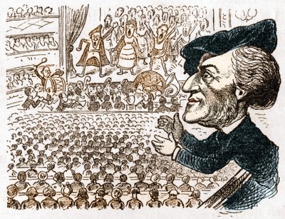 Richard Wagner emploie des centaines de chanteurs, musiciens, des millions de personnes louent des places et il est le seul à applaudir. Caricature du compositeur allemand Richard Wagner (1813-1883) tirée de Les mœurs et la caricature en allemand par J. Gr - Anonymous Anonymous