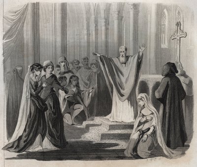 Saint Dunstan (ca. 909-988), évêque de Canterbury, bénédictin et réformateur de la vie monastique en Angleterre, annonçant sa mort imminente au peuple. Gravure de 1846 dans « Vies des saints ». Collection privée. - Anonymous Anonymous