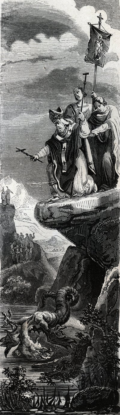 Saint Front (premier évangélisateur du Périgord) (IIIe siècle) précipitant le dragon dans la Dordogne - Gravure de 1846 dans « Vies des saints ». Collection privée - Anonymous Anonymous