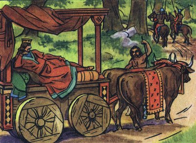 Scène représentant les rois fainéants : Roi de France Thierry III (673-691) transporté dans un char avec un lit tiré par des bœufs. Illustration anonyme dans « Collection des souverains et chefs d