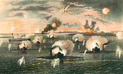 Guerre de Sécession (1861-1865) : Attaque des batteries flottantes pendant la guerre de Sécession. Gravure vers 1865. Collection privée - Anonymous Anonymous
