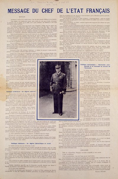 Seconde Guerre mondiale et régime de Vichy : message du chef de l