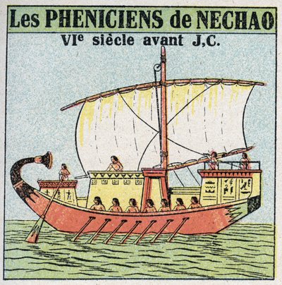 Navires et bateaux : marins phéniciens au service du pharaon Nechao au VIIe siècle av. J.-C. Illustration anonyme de 1925. Collection privée. - Anonymous Anonymous