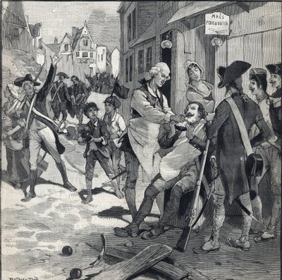 Siège de Lille en 1792 : Maes utilisant un éclat de bombe comme plat à barbe pour raser un client. Gravure dans "Le Petit Parisien" du 16/10/1892. Collection privée - Anonymous Anonymous