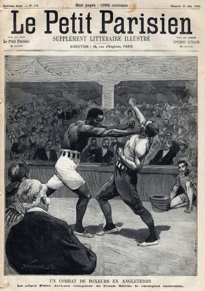 Sport, Boxe : Un combat de boxe en Angleterre entre Peter Jackson et le champion australien Frank Slavin. Gravure du journal « Le Petit Parisien » le 12/06/1892. Collection privée. - Anonymous Anonymous