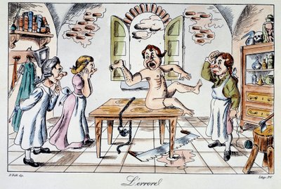 Erreur chirurgicale : un autocollant satirique représentant les risques encourus par les patients livrés aux mains de mauvais médecins, un exemple de greffe de bras à la place de la jambe. Gravure du 19e siècle - Anonymous Anonymous
