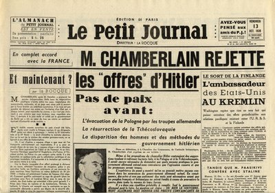 LE JOURNAL SMITTLE VENDREDI 13 OCTOBRE 1939 Neville CHAMBERLAIN (1869-1940) REJETTE les offres d