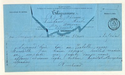 Télégramme de Rimbaud à sa mère, Marseille, 22 mai - Anonymous Anonymous