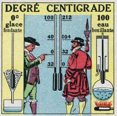 Température et expansion: degré centigrade. Comparaison entre degrés Fahrenheit et degrés Celsius. Illustration anonyme de 1925. Collection privée. - Anonymous Anonymous