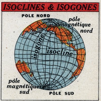 Magnétisme terrestre : carte magnétique montrant les isoclines et les isogones. Illustration anonyme de 1925. Collection privée. - Anonymous Anonymous