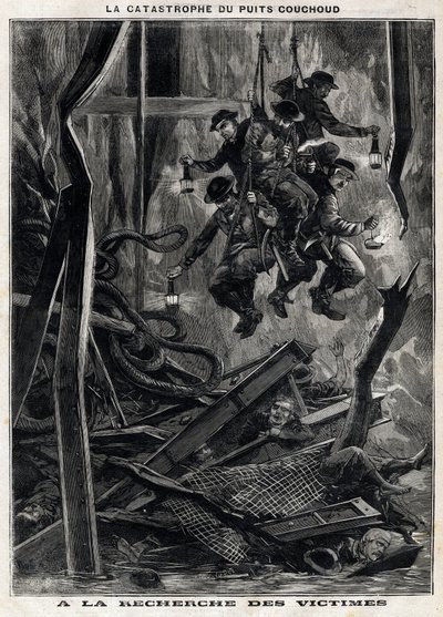 La catastrophe du puits Couchoud : les sauveteurs partent à la recherche des victimes dans une des mines de la Peronnière à Grand Croix près de Saint-Étienne. Gravure. Dans "Le Petit Parisien" - Anonymous Anonymous