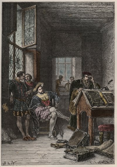 Le roi de France François Ier (1494-1547), protecteur des arts et des lettres, visitant les ateliers des imprimeurs Estienne, vers 1540 - Anonymous Anonymous