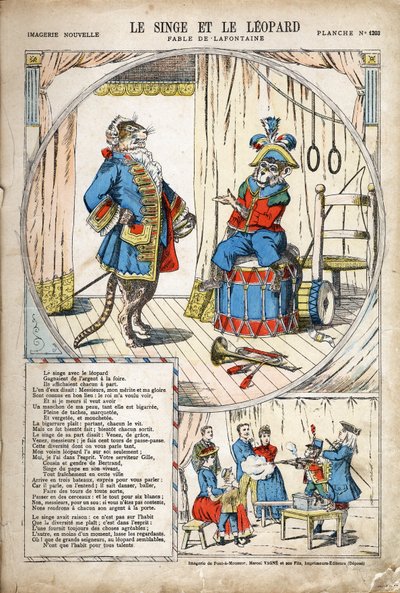 Le Singe et le Léopard. Illustration anonyme pour Les Fables de Jean de La Fontaine (1621-1695). Imagerie de Pont-à-Mousson, vers 1880. Collection privée. - Anonymous Anonymous