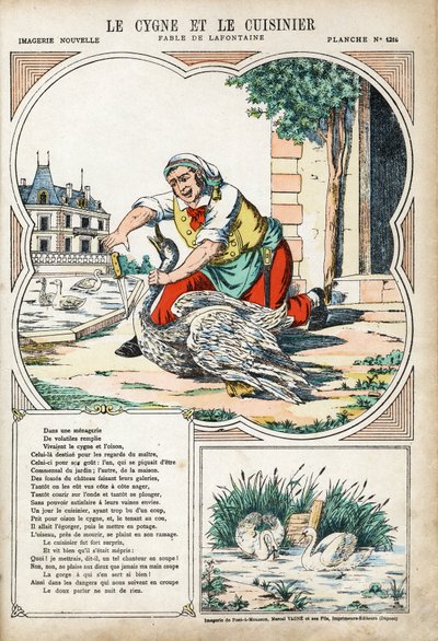 Le cygne et le cuisinier. Illustration anonyme pour Les Fables de Jean de La Fontaine (1621-1695). Imagerie de Pont-à-Mousson, vers 1880. Collection privée - Anonymous Anonymous