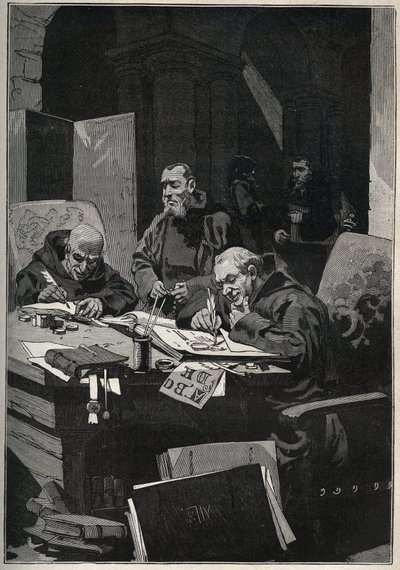 Le chrysographe : moines copistes réalisant des enluminures en lettres d