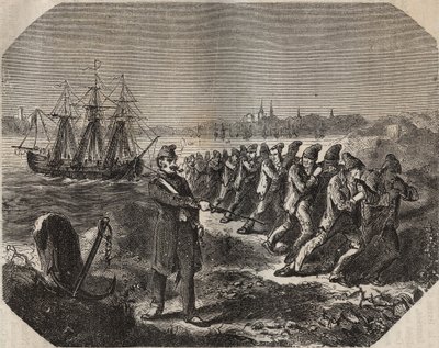 La cordelle (travail de grande fatigue) au bagne de Rochefort au XIXe siècle. Gravure dans « Histoire des bagnes depuis leur création à nos jours » (1877) par Pierre Zaccone (1817-1895) - Anonymous Anonymous