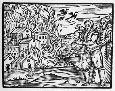 La malédiction des sorciers brûlant la ville - "Compendium Maleficarum", traite des sorcières, de leurs maux et de leurs sortilèges par Francesco Maria Guazzo ou Guaccio ou Guaccius (15?? -16??) 1608 Collection privée - Anonymous Anonymous
