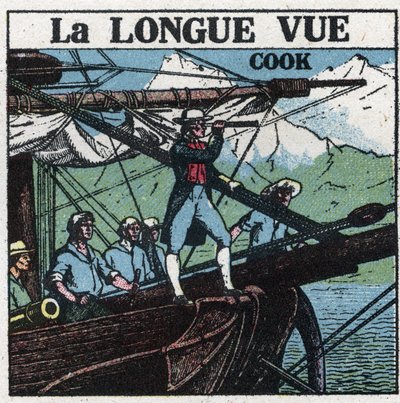 Les premiers instruments optiques : le capitaine James Cook (1728-1779), à la proue de son bateau, observe les terres australes à longue vue. Illustration anonyme de 1925. Collection privée. - Anonymous Anonymous