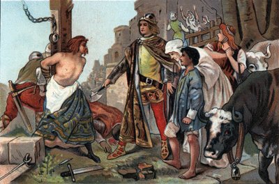 La justice de Baudouin VII (1092-1119), comte de Flandre dit à la hache. Chromolithographie publicitaire des chocolats Antoine à Bruxelles, début du XXe siècle. Collection privée - Anonymous Anonymous