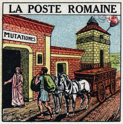 La poste : la poste romaine. Une "mutationes", un endroit où les chevaux utilisés pour le service postal pouvaient être loués appelé "curriculum publicus". Illustration anonyme de 1925. Collection privée. - Anonymous Anonymous