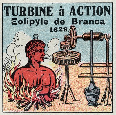 La machine à vapeur : turbine à action. Éolipyle inventée par Giovanni Branca (1571-1645) en 1629. Illustration anonyme de 1925. Collection privée. - Anonymous Anonymous