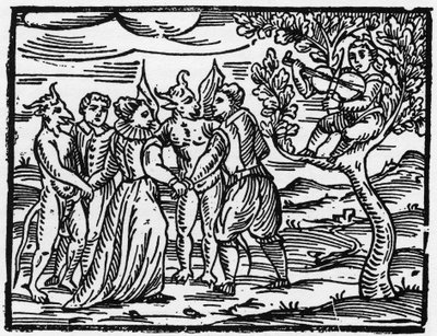 Les sorcières dansant le sabbat au son du violon - « Compendium Maleficarum », traite des sorcières, de leurs maux et de leurs sortilèges par Francesco Maria Guazzo ou Guaccio ou Guaccius (15?? -16??) 1608 Collection Privée - Anonymous Anonymous