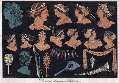 Tiares et ornements de tête dans la Grèce antique - gravure de "Usi e Costumi di Tutti i Popoli dell