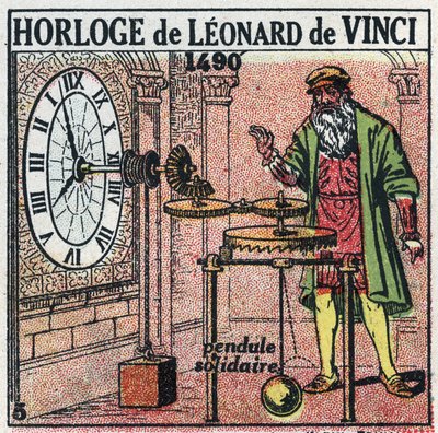 Temps : horloge à poids inventée par Léonard de Vinci (1452-1519) en 1490. Elle remplace le balancier par une balance verticale. Illustration anonyme de 1925. Collection privée. - Anonymous Anonymous