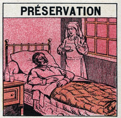 Rayons ultraviolets: pour éviter les cicatrices causées par la variole, les patients doivent être traités dans des pièces ou entrer uniquement dans la lumière rouge, sans rayons ultraviolets. Illustration anonyme de 1925. Collection privée. - Anonymous Anonymous