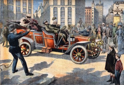 Méthodes inhabituelles de la police américaine pour arrêter les conducteurs commettant des excès de vitesse en conduisant leurs voitures. Gravure du journal «Le Petit Parisien», le 31/05/1908. Collection privée. - Anonymous Anonymous