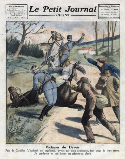 Faits divers : meurtre de deux gendarmes par des criminels vagabonds sur la route de Cavaillon dans le Vaucluse. Illustration tirée de "Le petit journal" du 06/03/1921 - Anonymous Anonymous