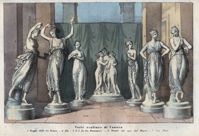 Diverses sculptures de Canova - Les Trois Grâces - Hébé - Les Trois Grâces dansantes - Vénus Italica - Muse - gravure de « Usi e Costumi di Tutti i Popoli dell