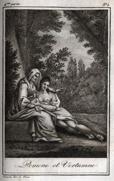 Vertumne et Pomone (Jupiter et Cérès) : Vertumne, amoureux de la nymphe Pomone, se déguise en vieille femme pour l