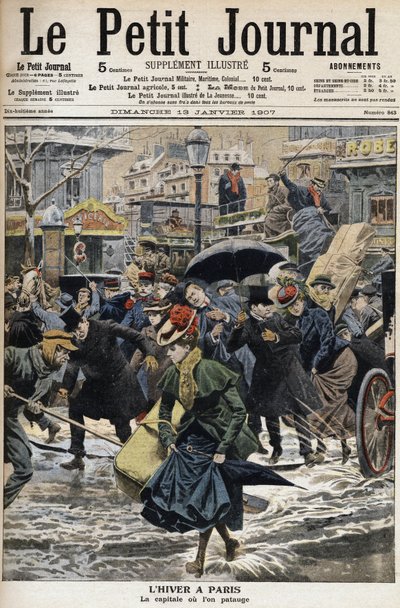 Hiver à Paris : les piquets pataugent dans la neige fondue et les diligences des passants. Gravure en première page du Petit Journal - Anonymous Anonymous