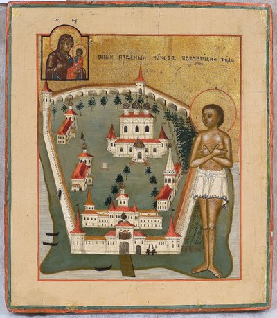 Saint Jacques de Borovichi, faiseur de miracles de Novgorod avec le monastère de Valday Iversky, début du 19e siècle - Anonymous Russian icon painter