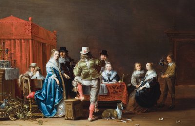 Un intérieur avec neuf personnages autour d