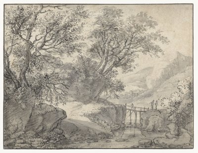 Paysage de montagne avec des arbres et un pont sur un ruisseau - Anthonie Waterloo