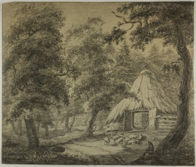 Cabane en chaume dans les bois avec berger et moutons - Anthonie Waterloo