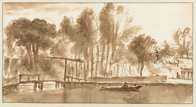 Paysage fluvial boisé avec pont-levis - Anthonie van Borssom (attributed to)