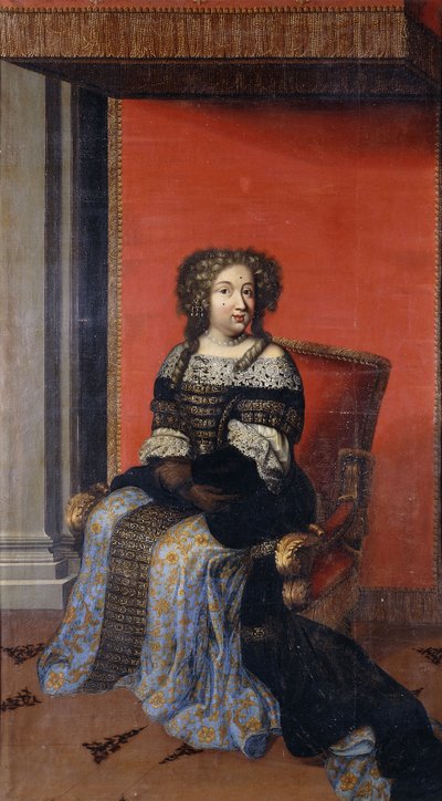 Portrait de la reine Maria Theresa, assise en longueur, dans un corsage noir incrusté de bijoux avec un col en dentelle et une jupe bleue et dorée, sur un trône - Antoine (after) Dieu