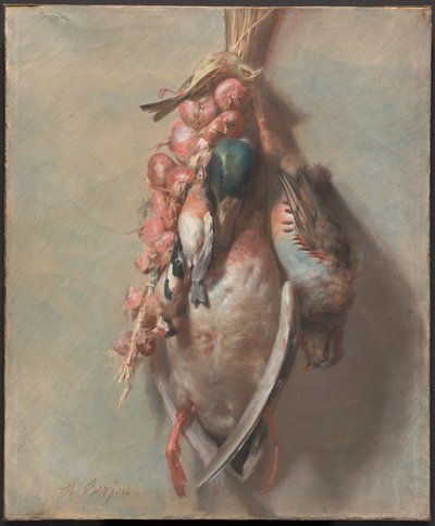 Trophée de chasse avec colvert, perdrix, chardonnerets et oignons - Antoine Berjon