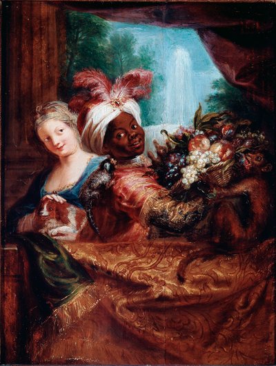Jeune fille caressant un chien et serviteur noir présentant un panier de fruits Un petit singe est posé sur son épaule - Antoine Coypel