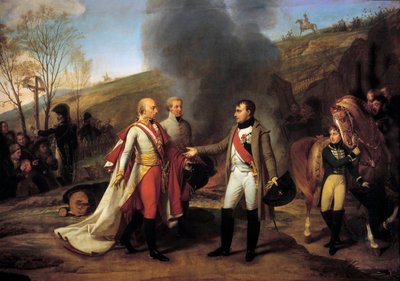 Entrevue de Napoléon Ier (1769-1821) et François II (1768-1835) à Sarutschitz en Moravie après la bataille d