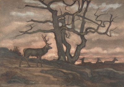 Cerf et arbre contre le coucher du soleil - Antoine Louis Barye