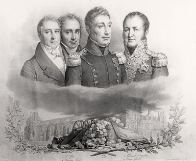 Le gouvernement provisoire du 29 juillet 1830. De gauche à droite : Jacques Lafitte (1767-1844), Casimir Perier (1777-1832), Général Lafayette (1757-1834) et Comte Étienne Maurice Gérard (1773-1852) 1831 - Antoine Maurin